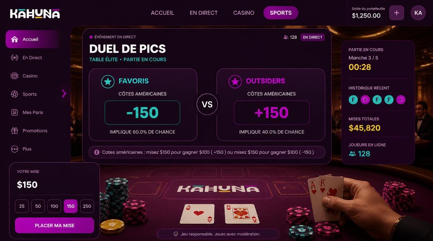 Cotes US montrées favori, outsider, chiffres +150 / -150