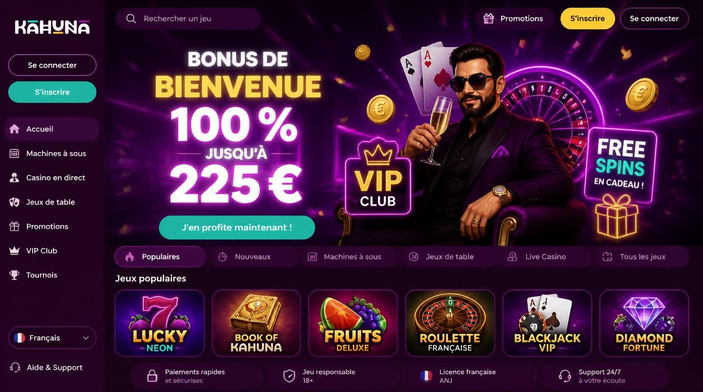 Interface montrant le bonus de bienvenue 100 % + free spins pour nouveaux joueurs VIP